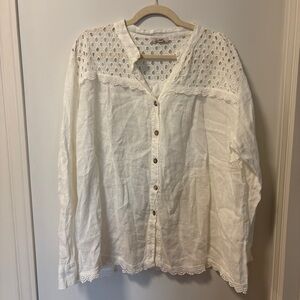 Bellambia White Linen Beachy Summer Longsleeve Button Up Shirt Eyelet 2X Lace